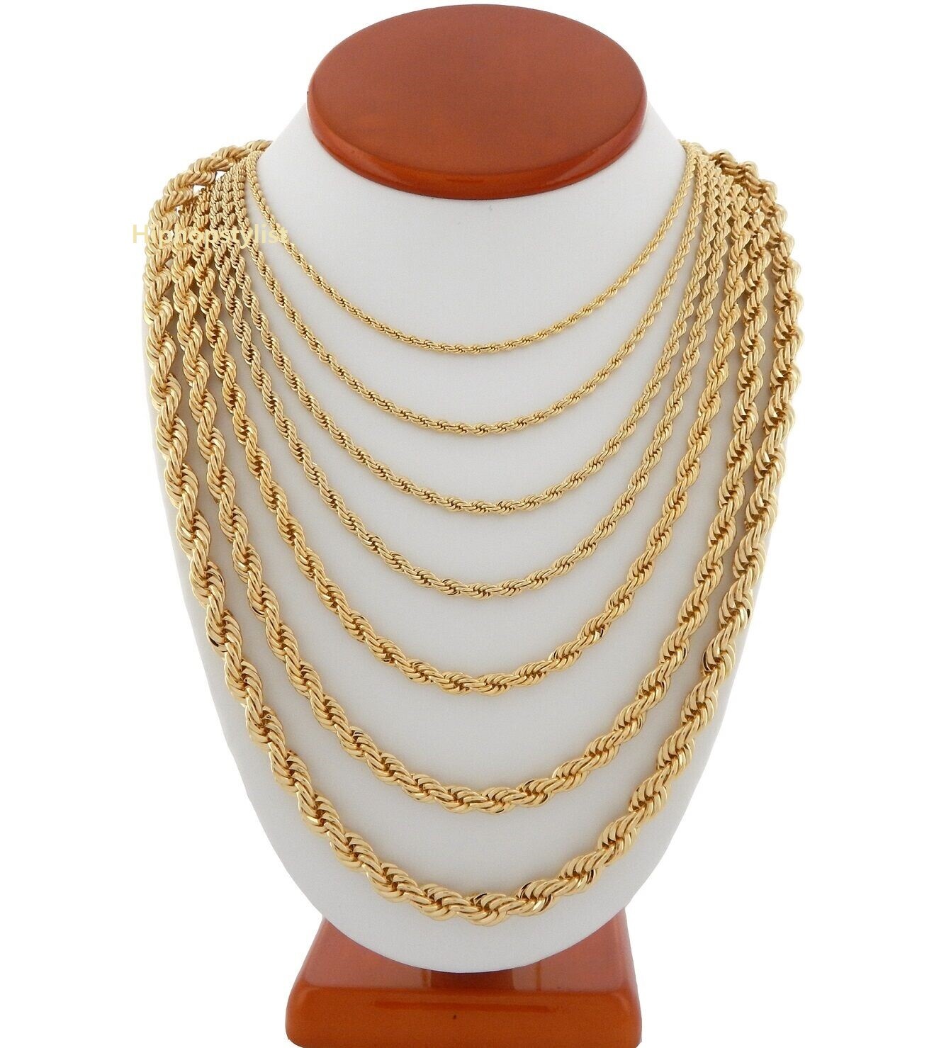 Mens Rope Chain Necklace 2.5mm to 7mm 18″ 20″ 22″ 24″ 26″ 30″ 14k Gold Plated