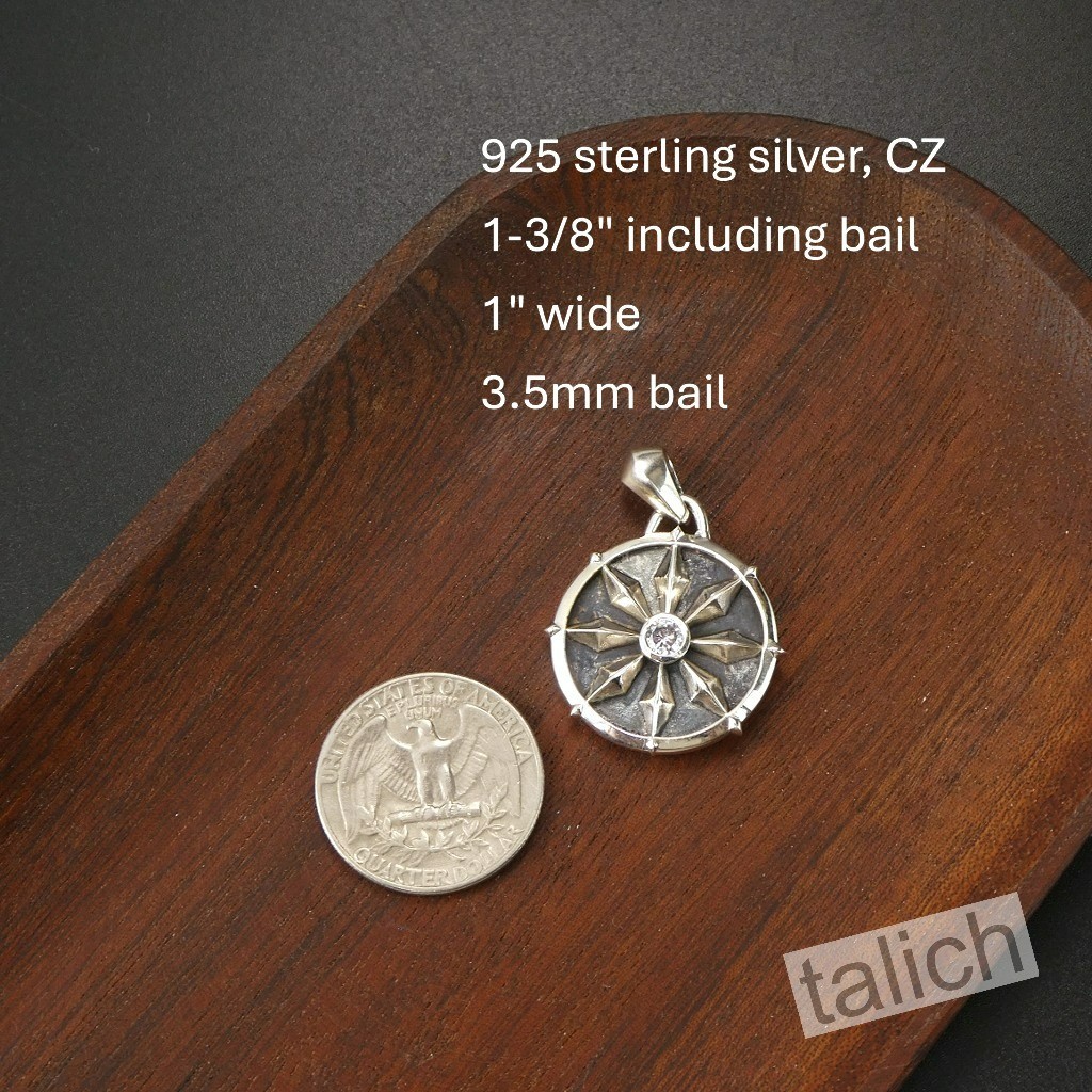 925 Sterling Silver Compass Amulet Pendant with CZ Double Sided Nautical Gift