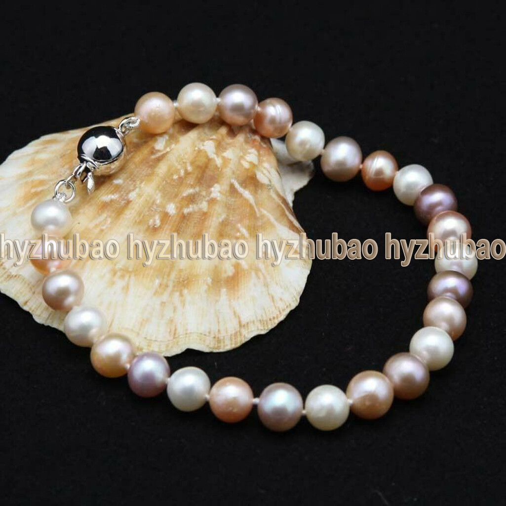 7-8mm 8-9mm Natural White Pink Purple Black Multicolor Pearl Beads Bracelet 7.5″