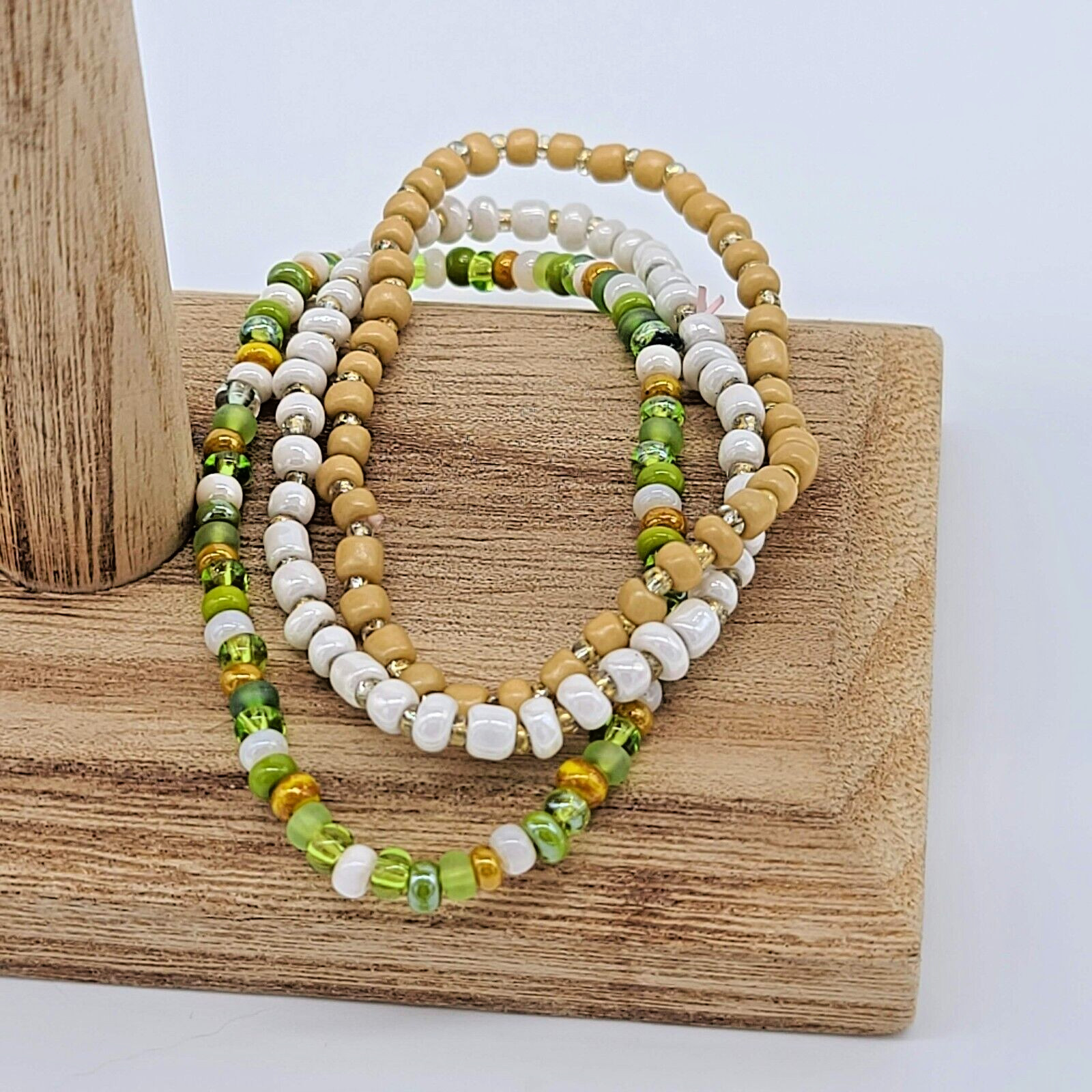 3 Pc Stacking Seed Bead Stretch Bracelet Set, Yellow, Brown, Gold, White, Green