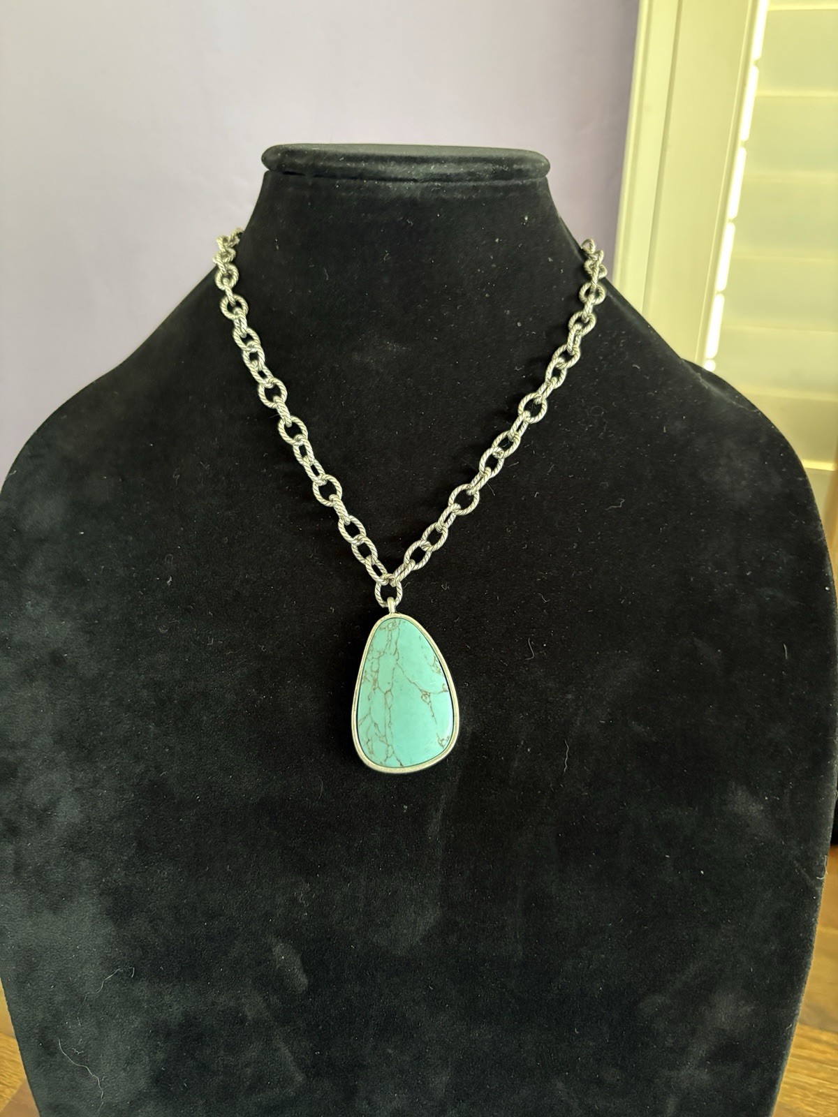 Lucky Brand Silver Tone Pendant Faux Turquoise Necklace REVERSIBLE 18”