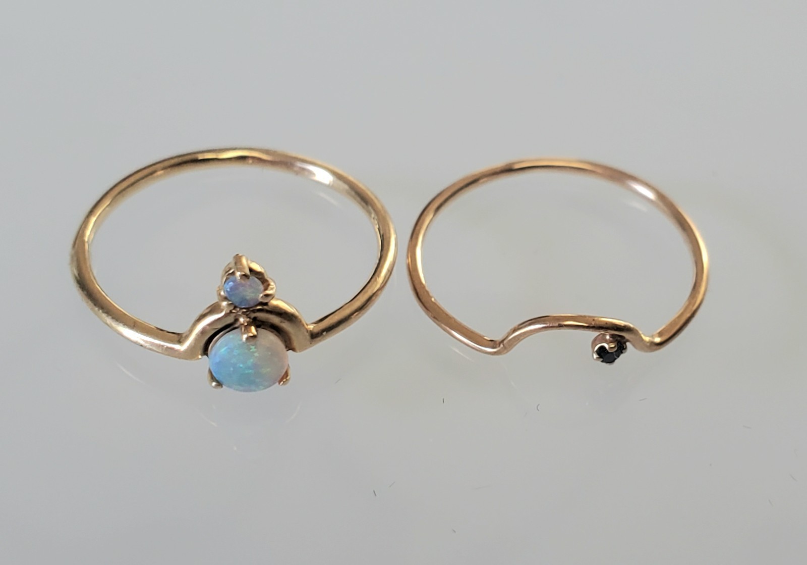 Pair of Wwake Opal Nestled Rings w/ diamond sapphire 14k yellow gold size 5.5