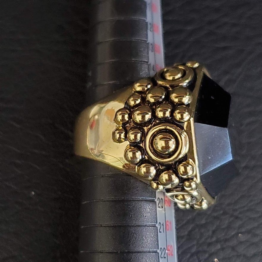 Gold Tone Hexagon Black Stone Statement Cocktail Ring Size 8.5 Ornate Beaded