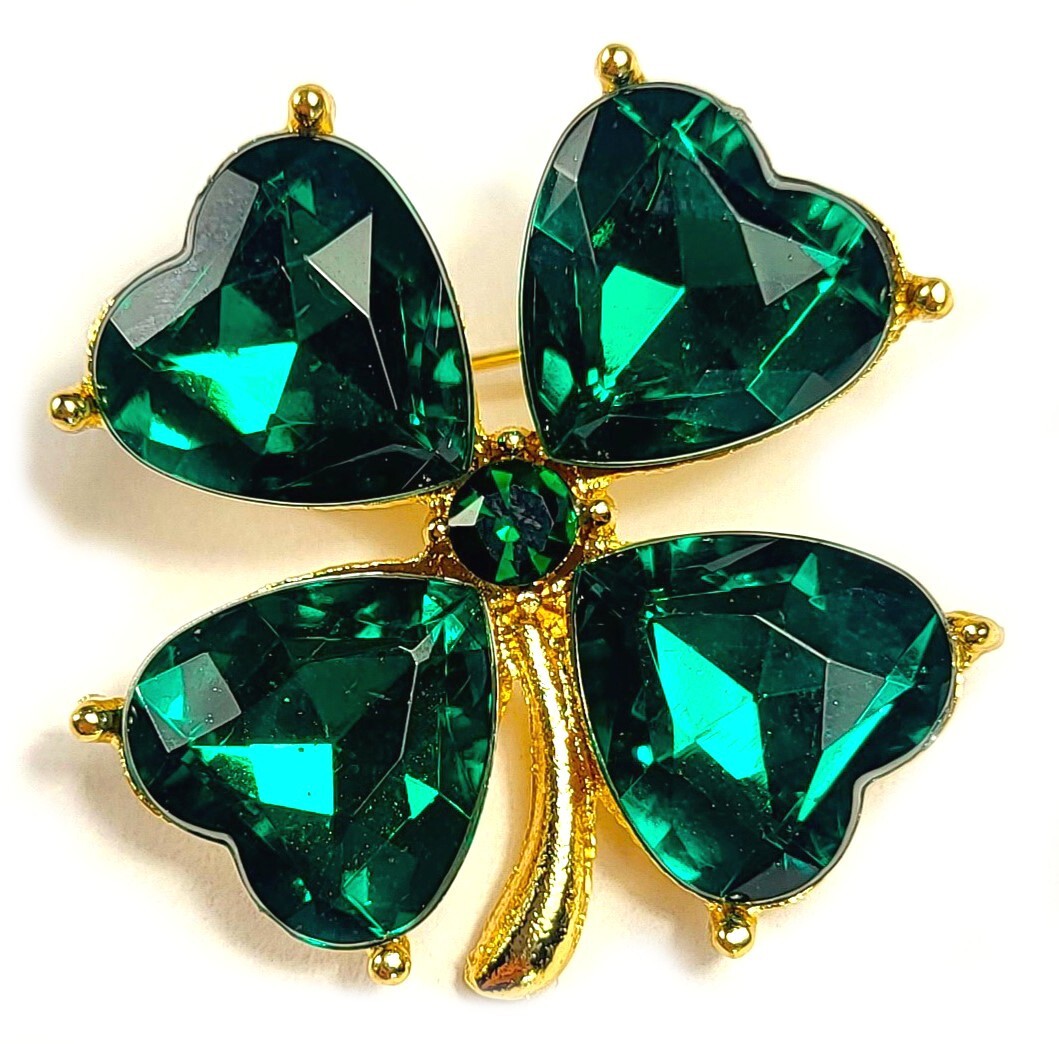 30mm Green Rhinestone Four Leaf Clover Irish Shamrock Brooch Pin Badge +Gift Box