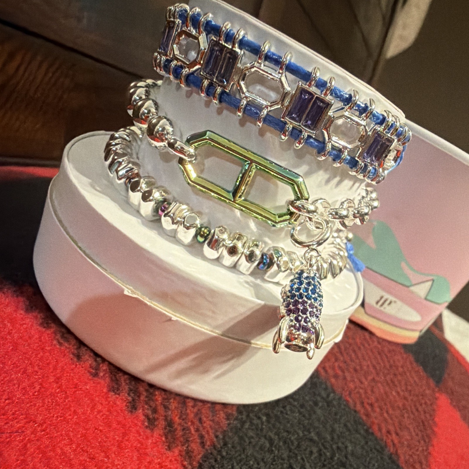 ST55817 Silver & Rainbow Electro Plated Charm Bracelet Lab Stones Reversible