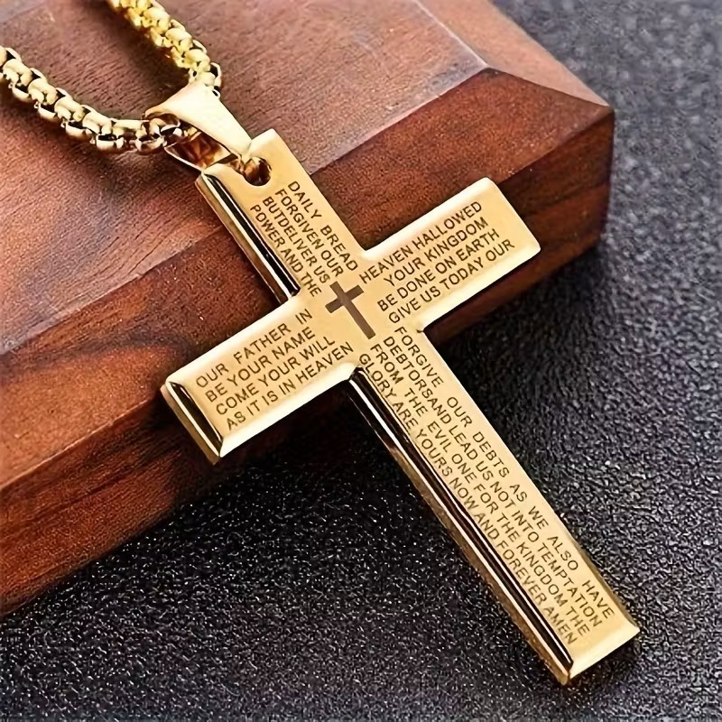 Gold Cross Necklace Lord’s Prayer Engraved Christian Pendant Faith Jewelry Gift