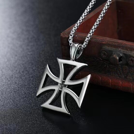 Mens Silver Iron Cross Knights Templar Pendant Necklace Punk Jewelry Chain 24″