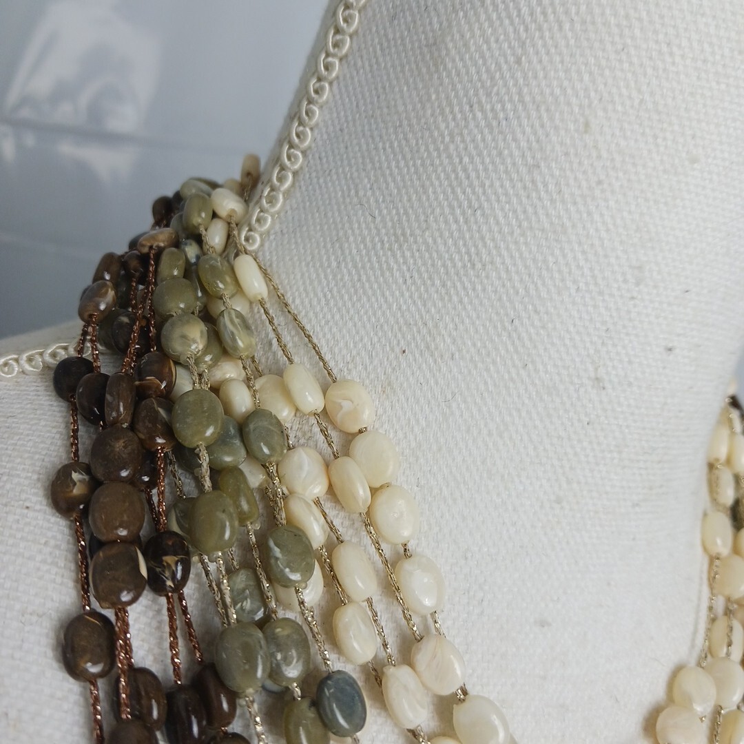 Layered Statement Necklace Multi Ivory Green Earth Tone Beaded Boho Wear To Work