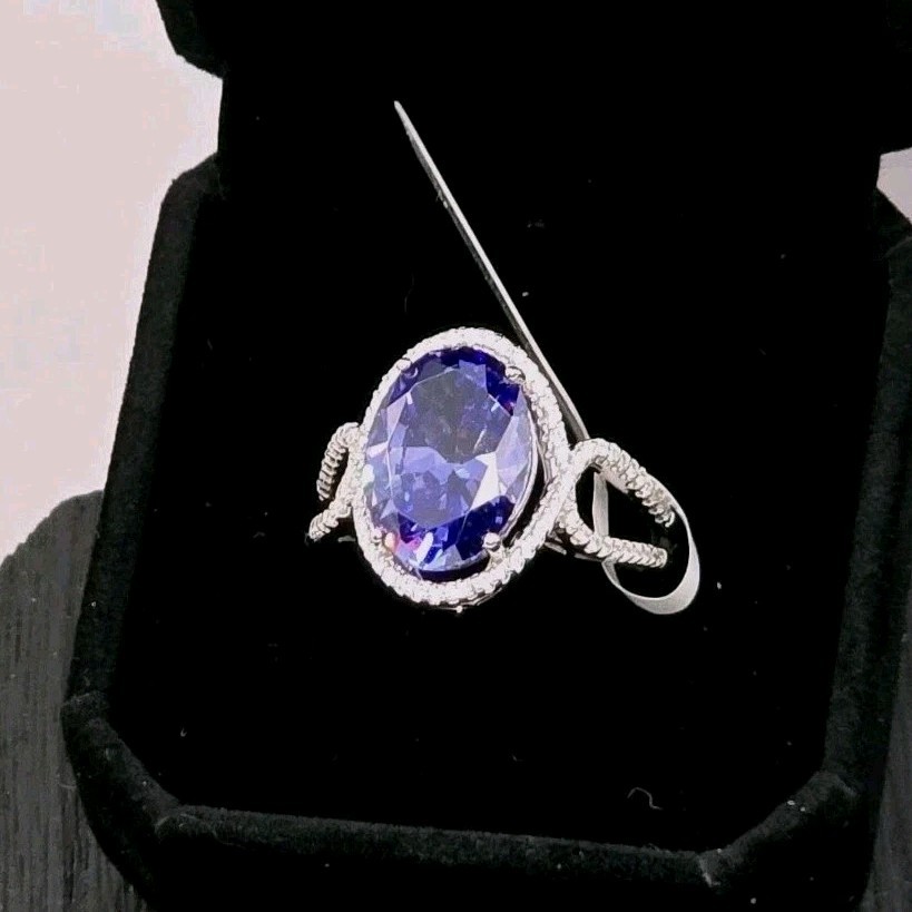NWT Tanzanite & Diamond Simulant Statement Ring Rhodium Over 925 Sterling Sz9