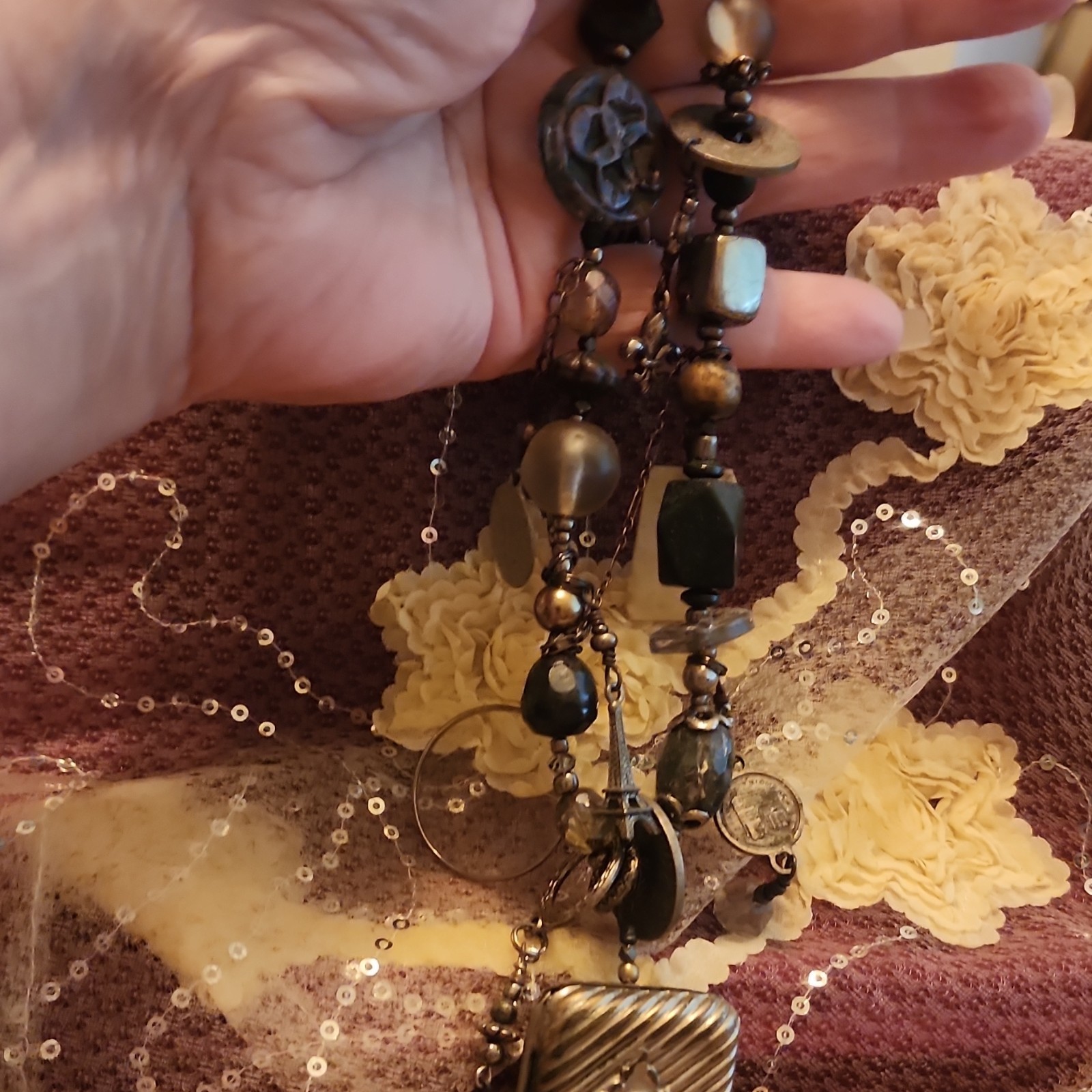 Boho Beaded Statement Charm Necklace Bronze/Black Rectangle Pendant, Dangling