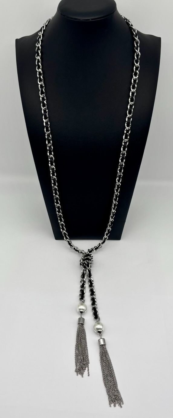 White House Black Market Silver-Tone Links W/Black Ribbon Double Tassel Necklace