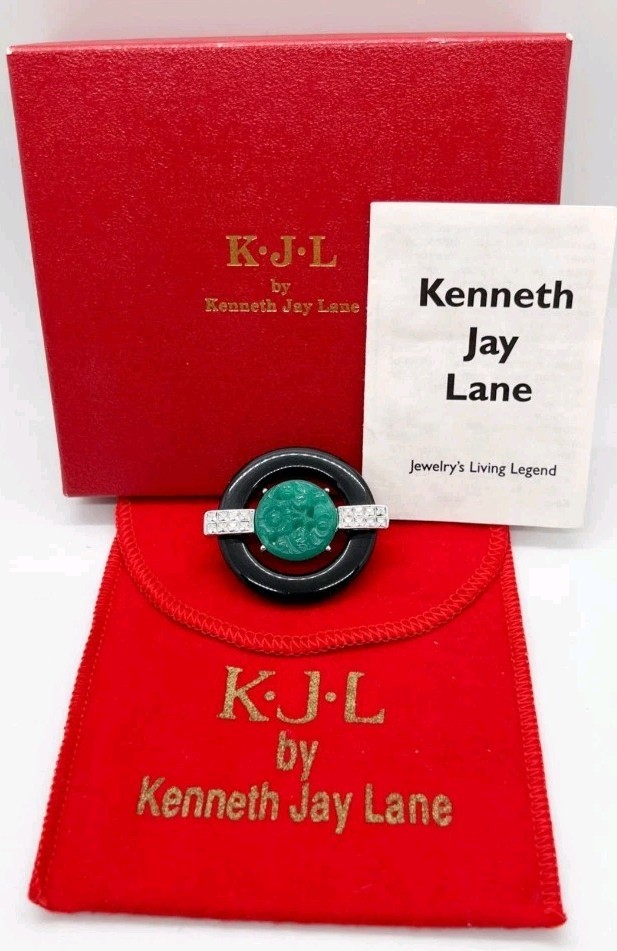 KENNETH JAY LANE Jade Limited Edition Art Deco Brooch Pin Box Cert Handsigned