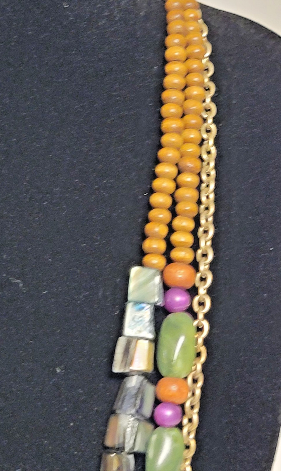 Multi Strand Beaded Boho Necklace Shell Wood Green Purple Iridescent Layered 21″