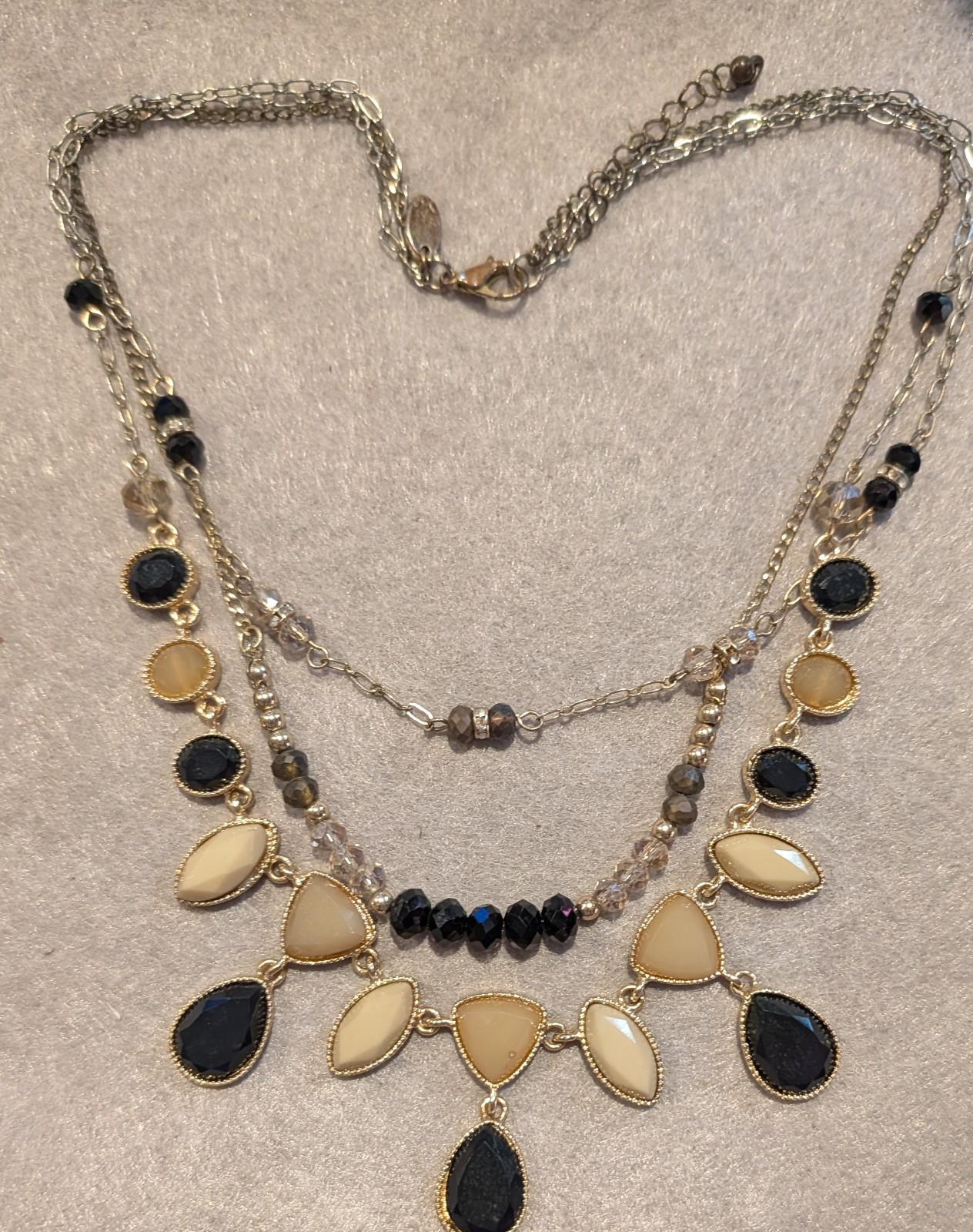 Gold Tone Layered Multi-Strand Beaded Necklace Black Ivory Teardrop Drops