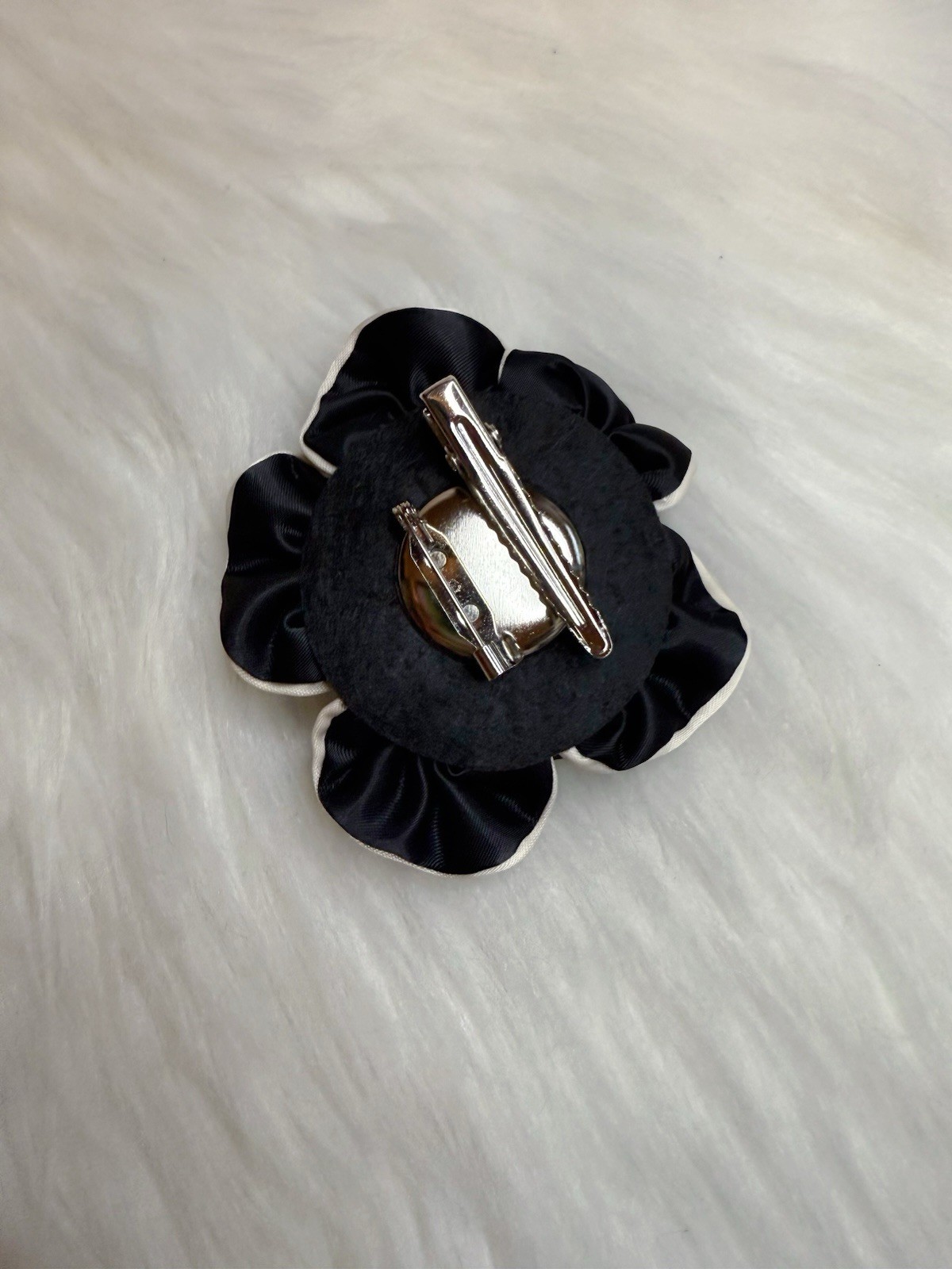 Camellia Flower Brooch Pin Scarf Clip Hair Clip Black Satin New Handmade Gift