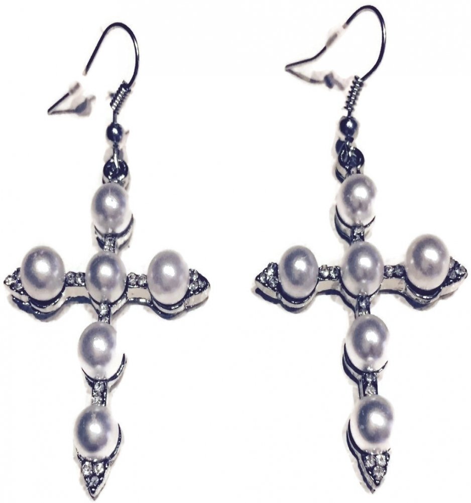 Cross Earrings For Women Metal Dangle, Simulated Pearl & Rhinestones In 3 Colors