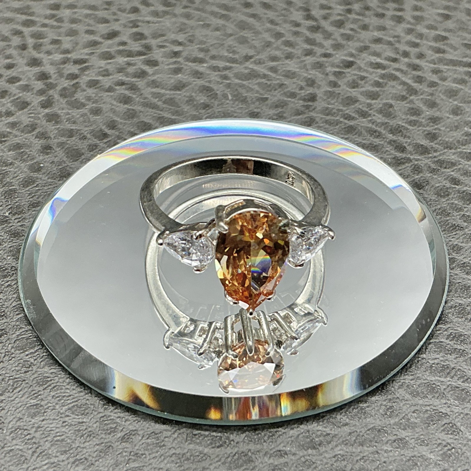 Fragrant Jewels Ring Sz 8.75 Silver Tone Champagne Pear Stone Cocktail Statement