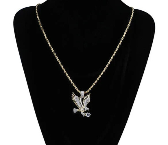 Iced Eagle Charm – Gold Tone Pendant w/ 24″ Chain – Men’s Hip Hop Jewelry