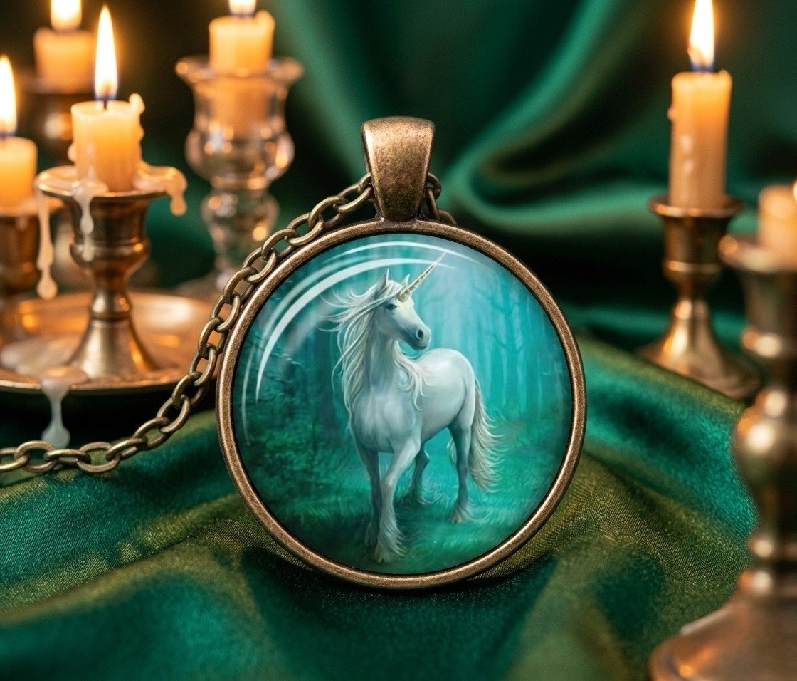 Enchanted Forest Unicorn Pendant Necklace – Mystical Cabochon Fantasy Jewelry