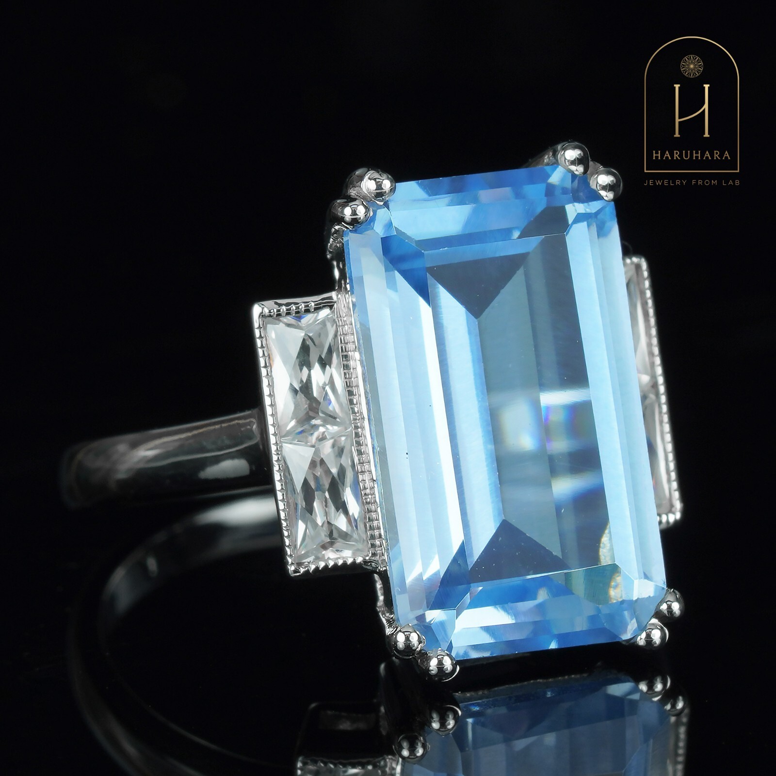 Lab Created 7.4 Ct. Emerald Cut Aquamarine and Diamond Antique Ring in Silver925