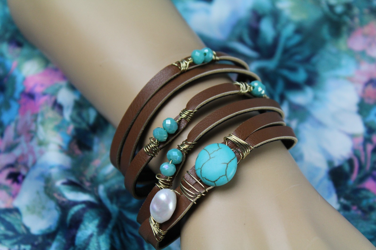 Leather & Turquoise Deco Wire & Bead Tribal Wraparound Bracelet (Black or Brown)