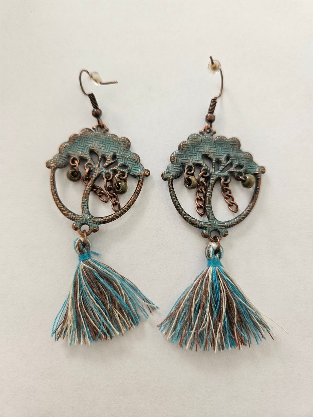 Bohemian Teal Tree Tassel Drop Earrings Copper Blue Gold Western Feminine