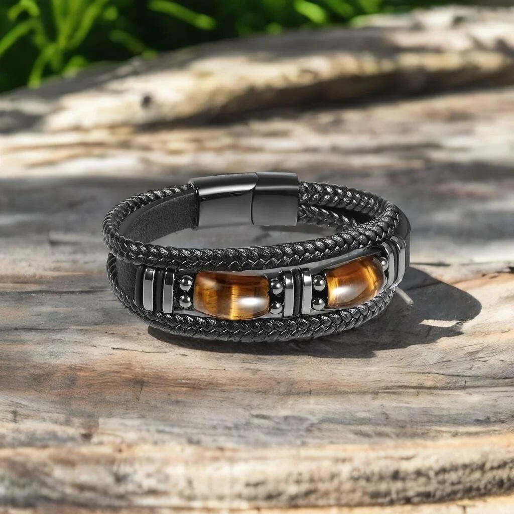 Tiger Eye Black Leather Bracelet Men Energy Crystal Stone Healing Reiki Gift
