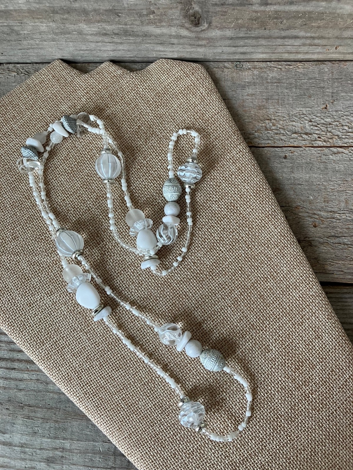 Vintage Seed Bead Glass/ Plastic White Beaded Necklace 35” 1990s