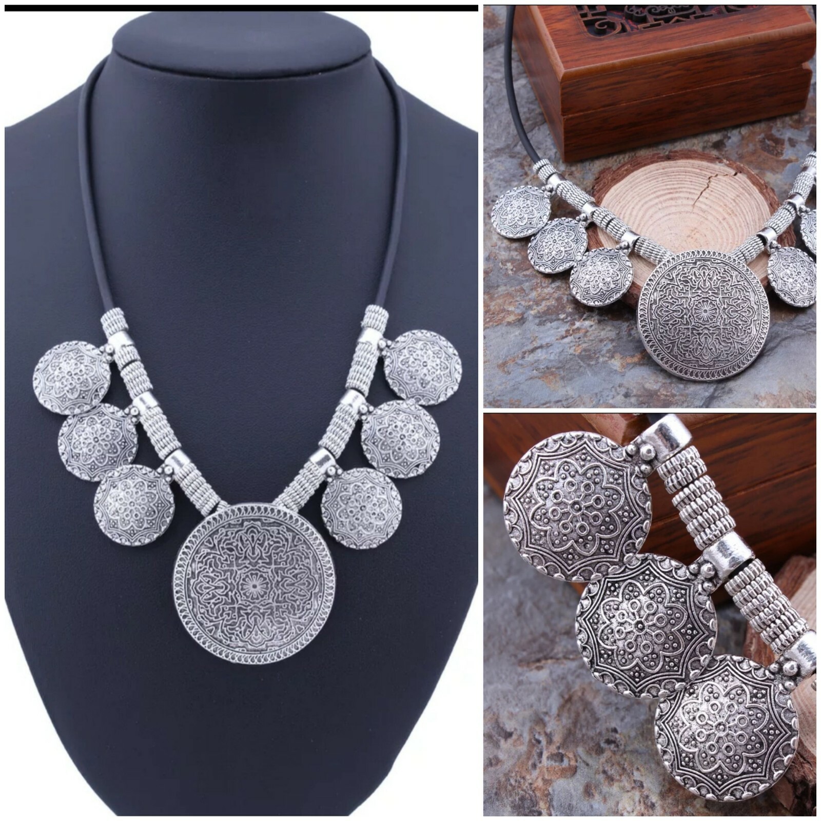 Womens Jewelry Vintage Tibetan Silver Color Necklace Coin Flower Pendants 88-3