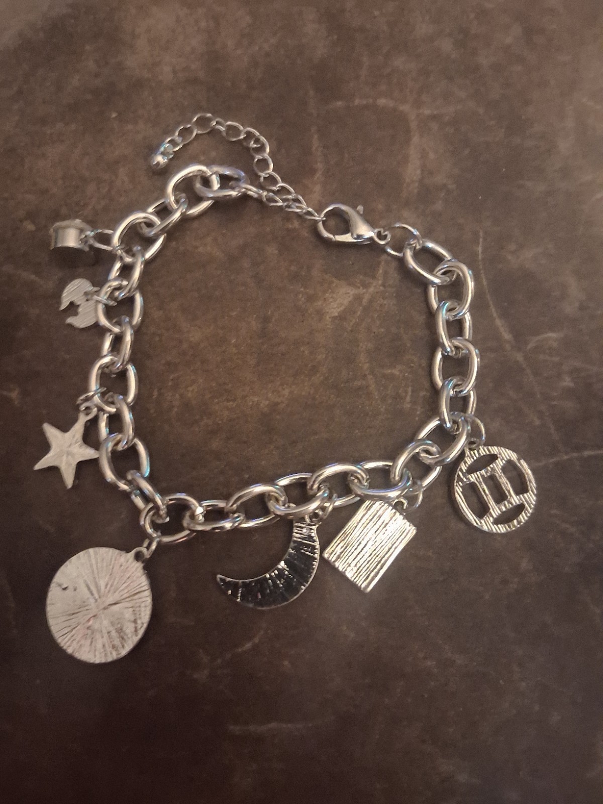 Silver Tone Adjustable Gemini Zodiac Charm Bracelet Moon & Stars Lobster Clasp