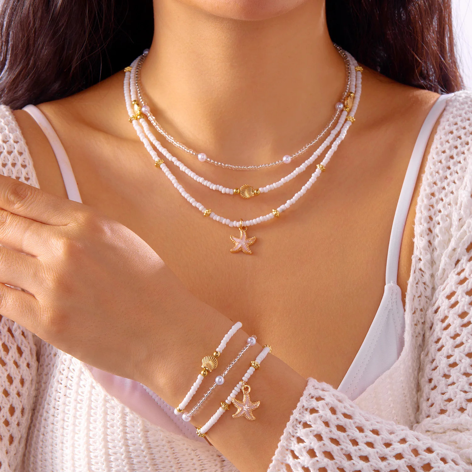 Boho Multilayer Starfish Shell Rice Beads Jewelry Set for Women Vintage Imitatio