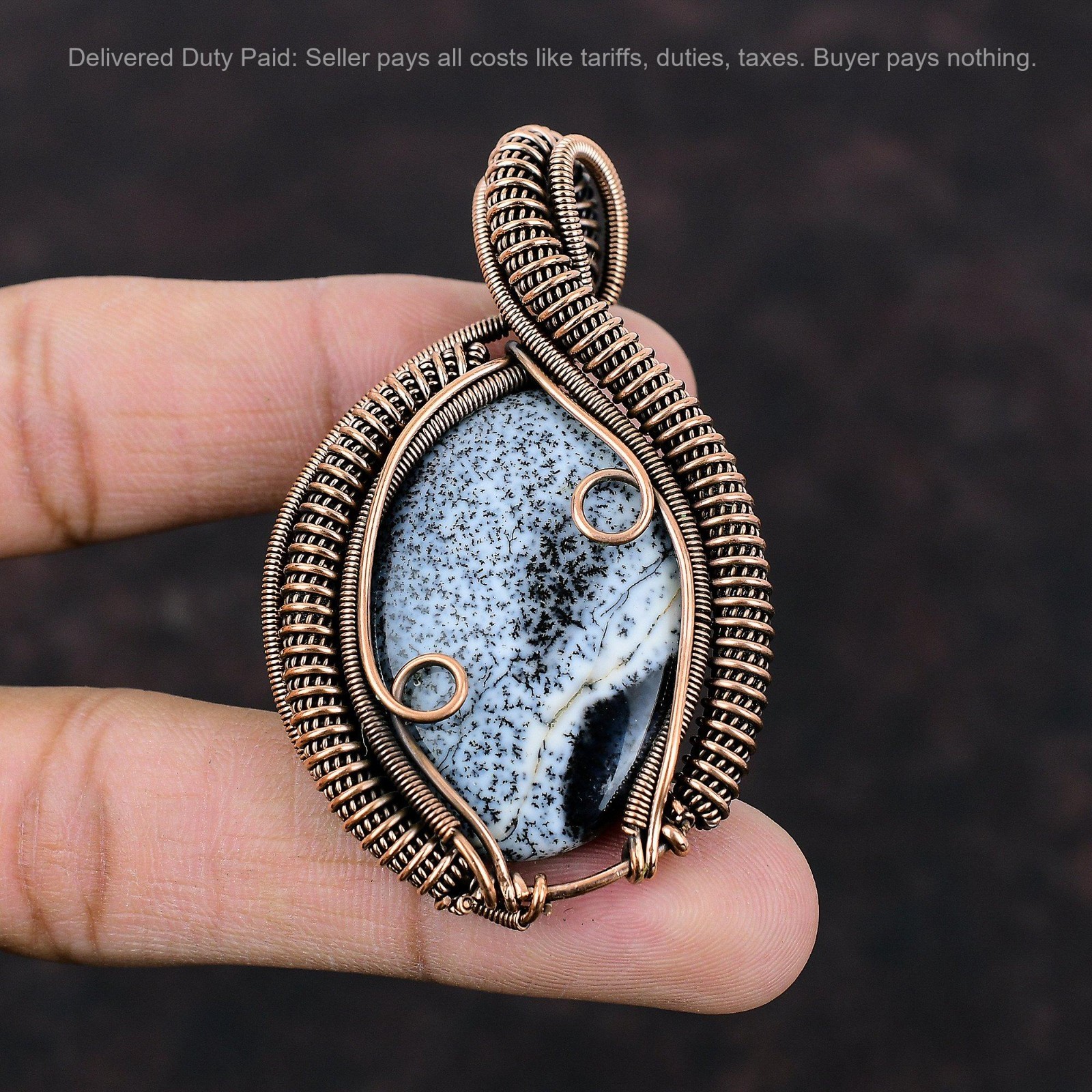 Valentines Deal Oval Dendrite Opal Stone Copper New Wire Wrapped Elegant Pendant