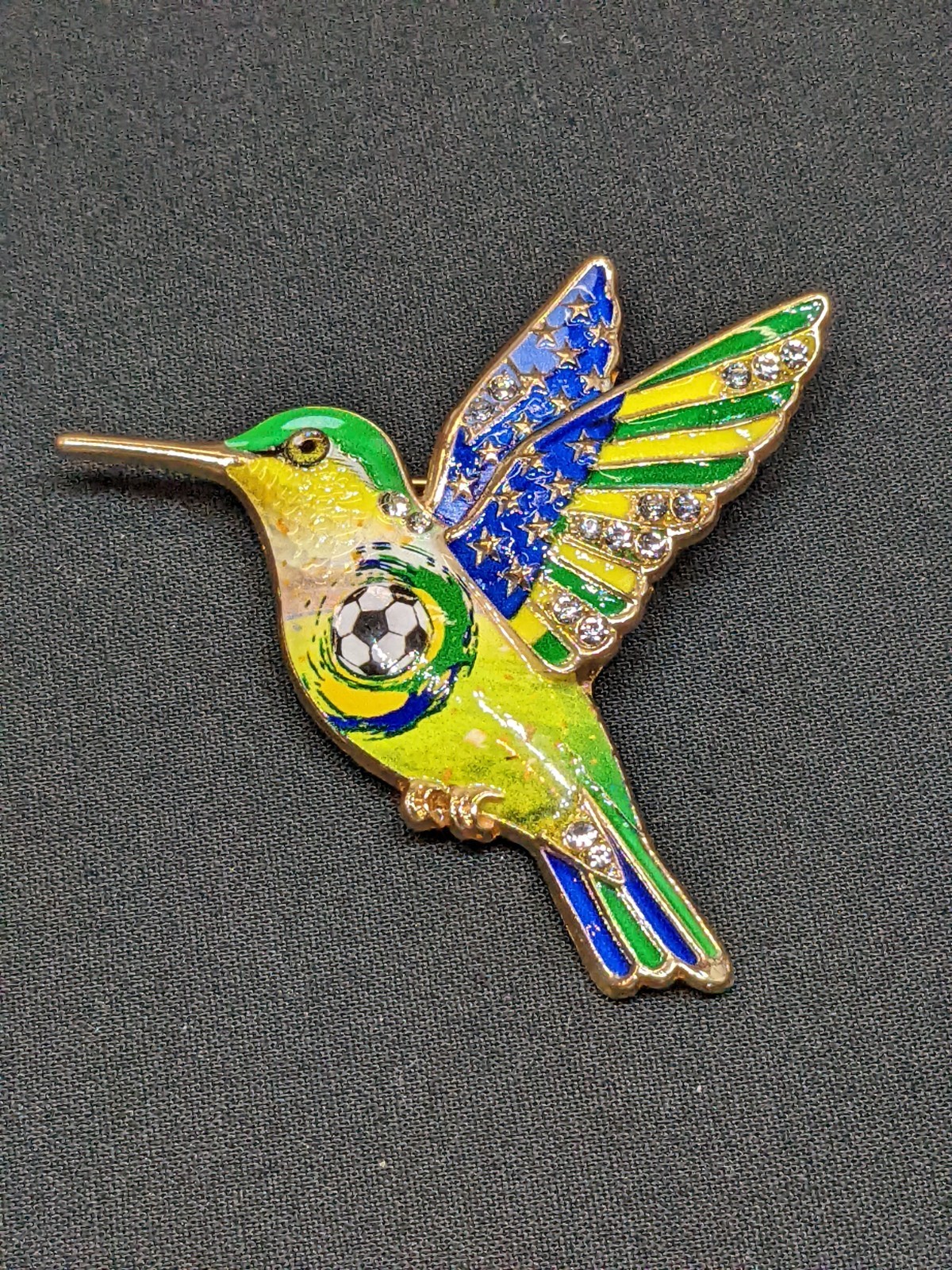 Brazil Soccer Hummingbird Brooch Pin Gold Tone Enamel Rhinestone Football New