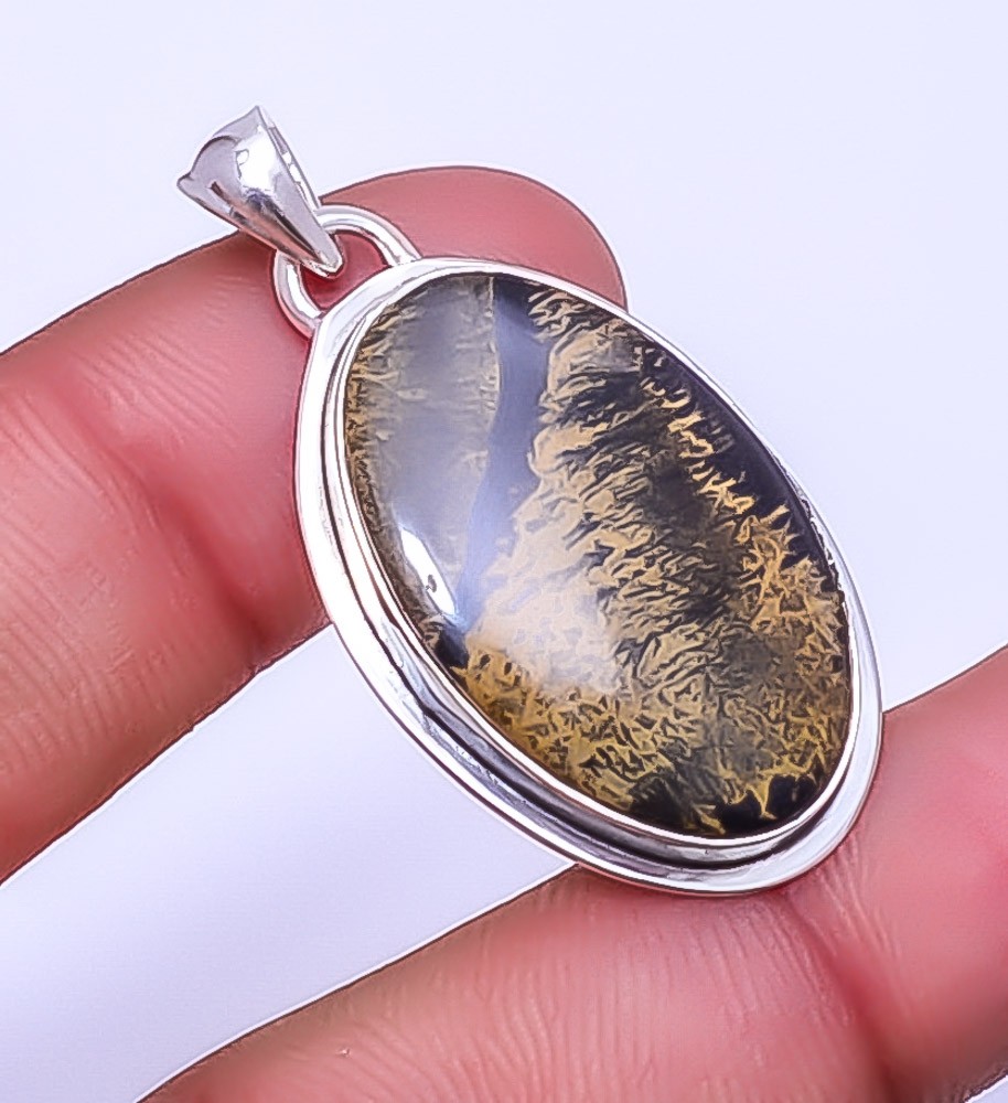 Honey Dendritic Opal – Mexico 925 Sterling Silver Handmade Pendant 1.72″ P5