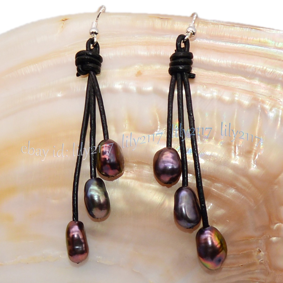 Natural Freshwater Baroque Pearl Black Leather Rope Dangle Hook Earrings 9-10mm