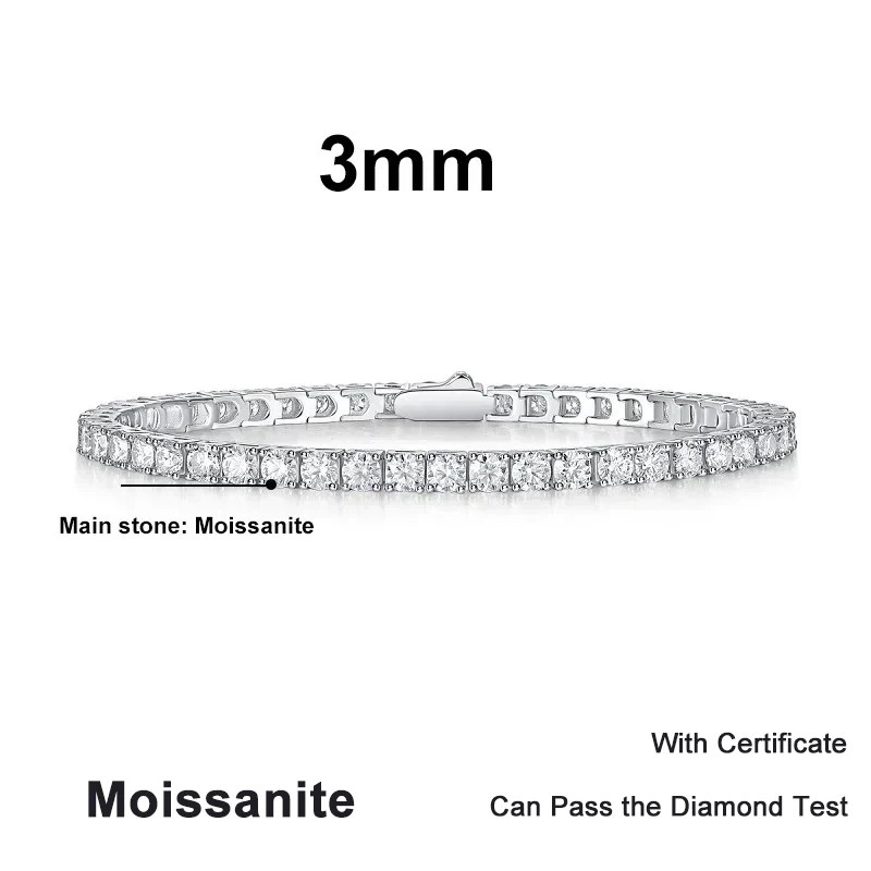 925 Sterling Silver Moissanite Tennis Bracelet 3MM 4MM 5MM 6.5MM Round Chain