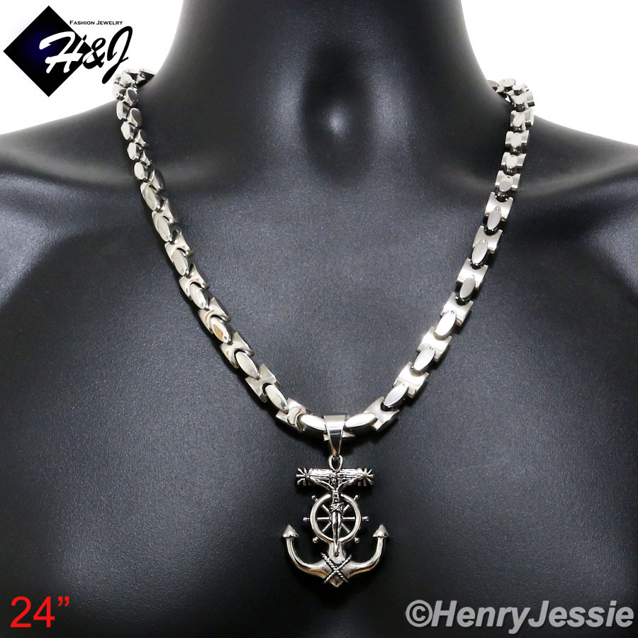 18-40″Stainless Steel 8mm Silver Interlock Bone Necklace Anchor Cross Pendant*58