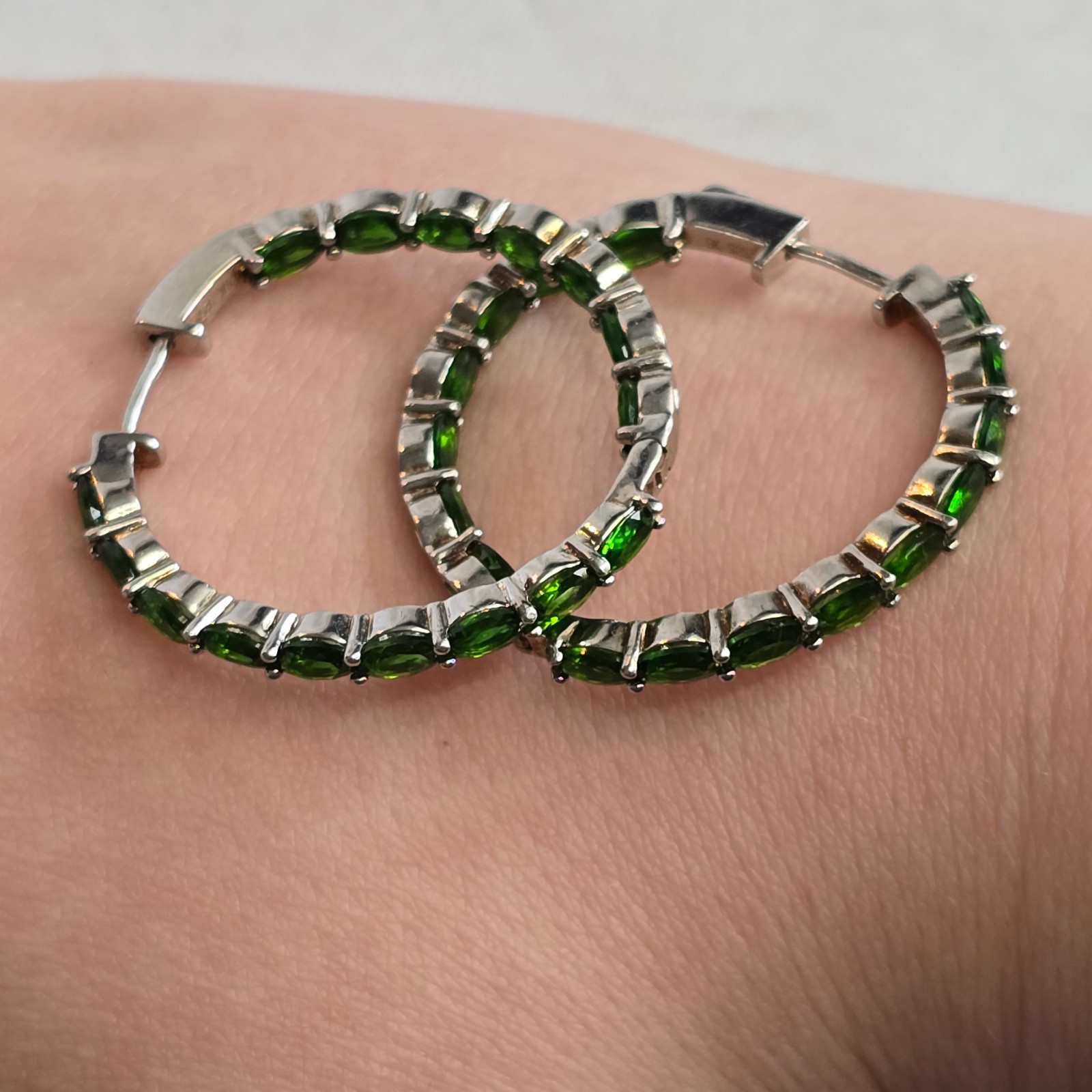 Sterling Silver Hoop Signed DK Earrings 11.3g Fine Jewelry Green Stones *READ*