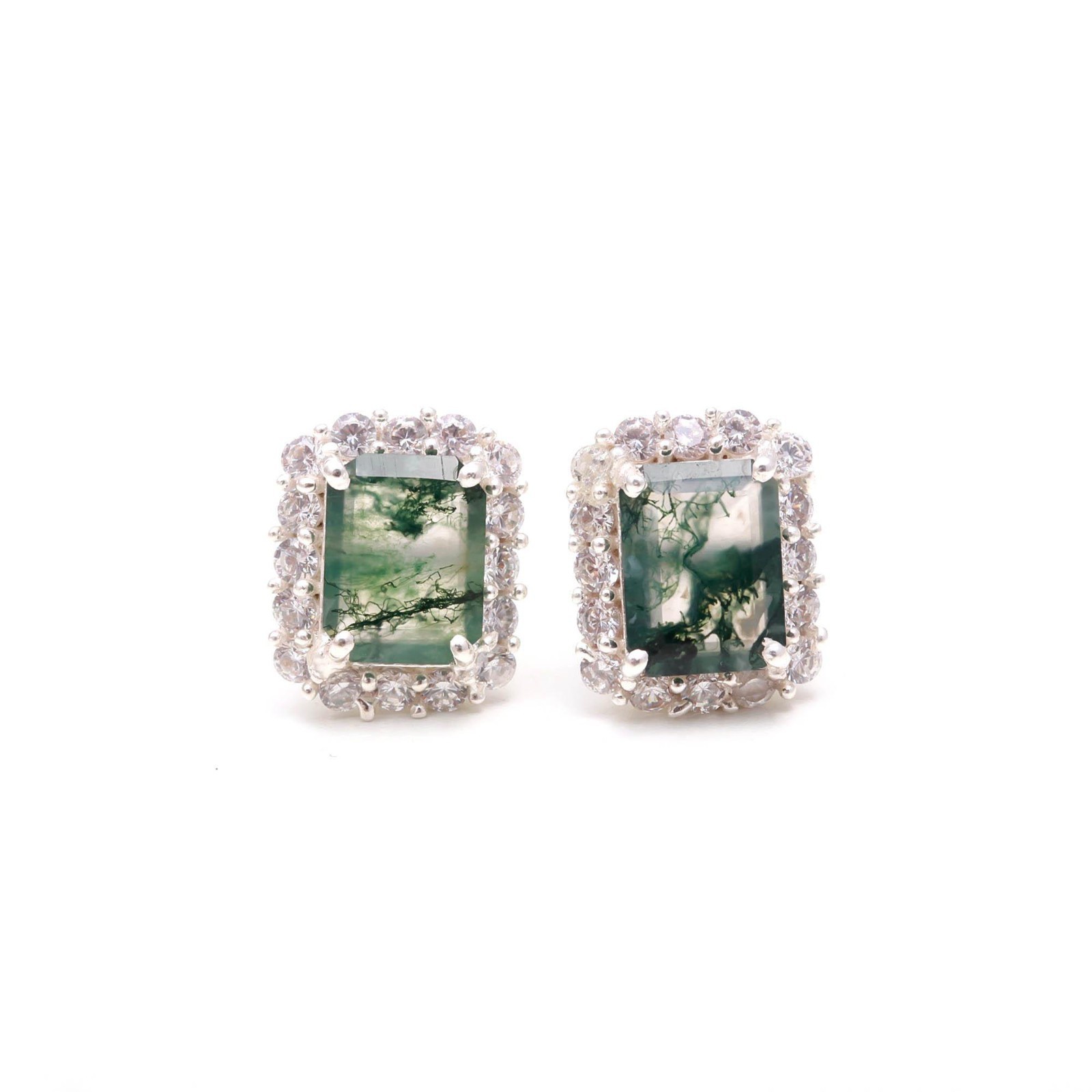 Natural Moss Agate Octagon Stud Earrings 925 Sterling Silver Moissanite Jewelry