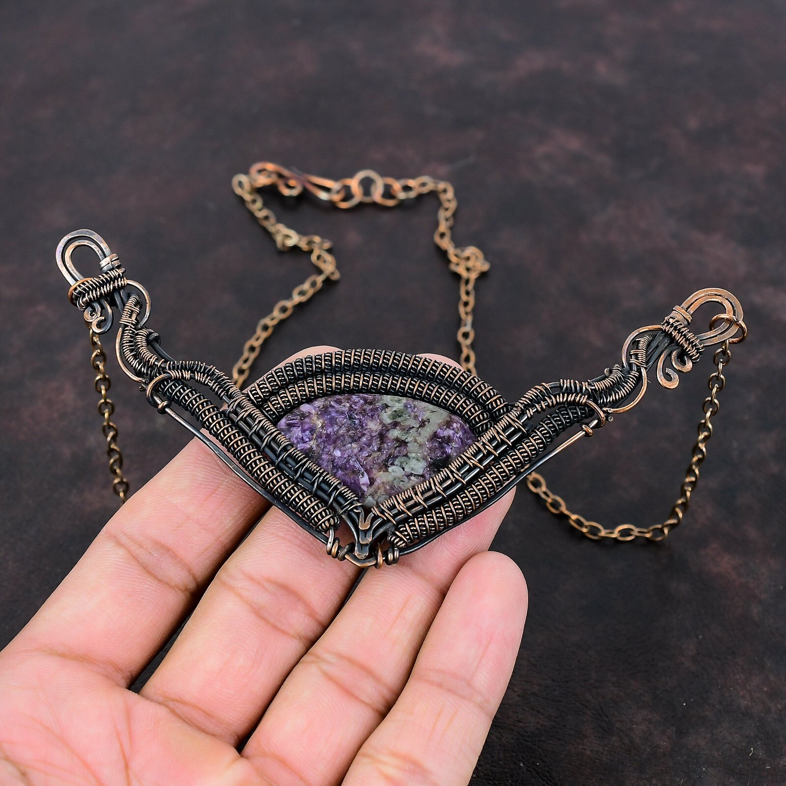 Russian Charoite Copper Gift For Mother Wire Wrapped Necklace Adjustable”
