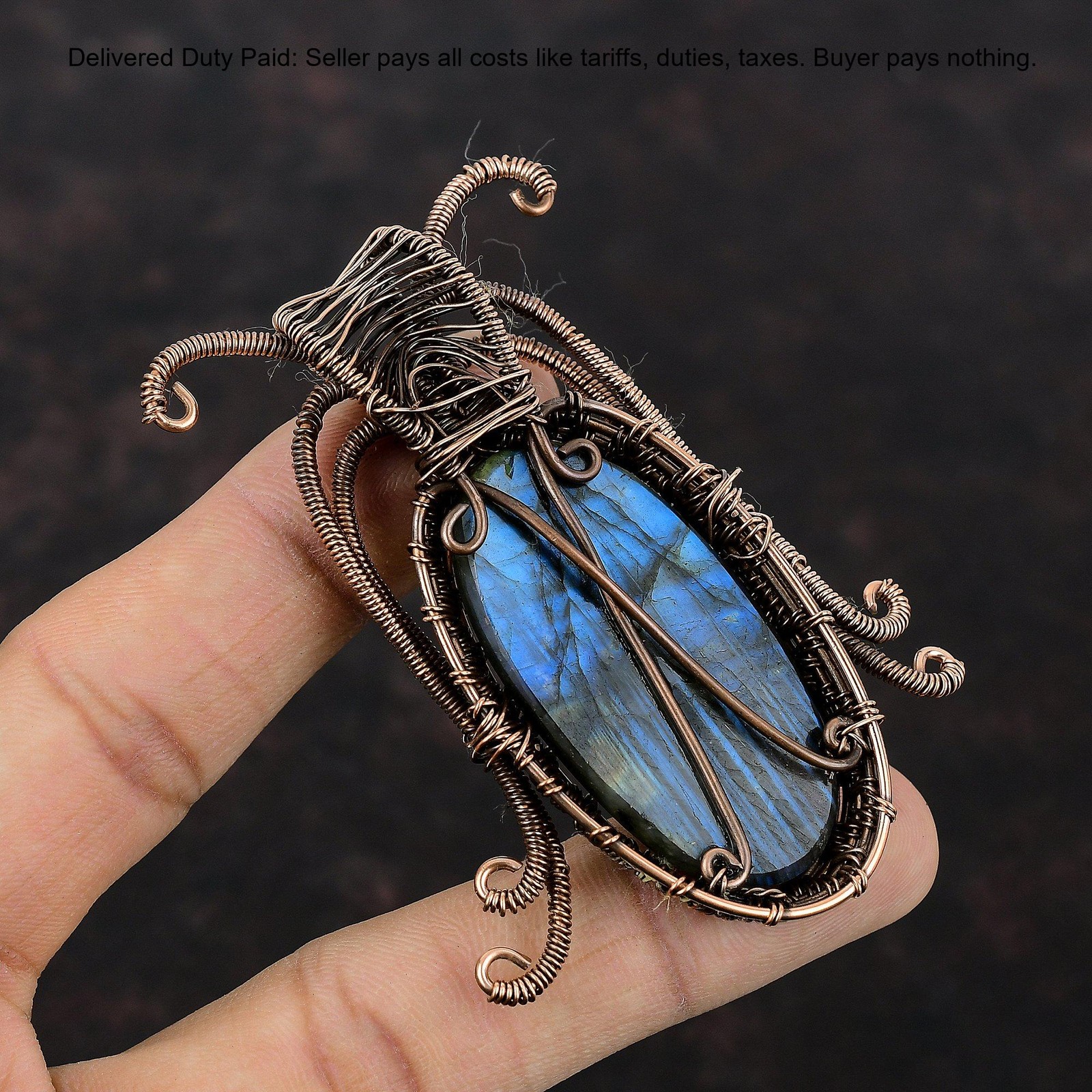 Copper Third Eye Chakra Labradorite Gemstone Unique Wire Wrapped Pendant Jewelry