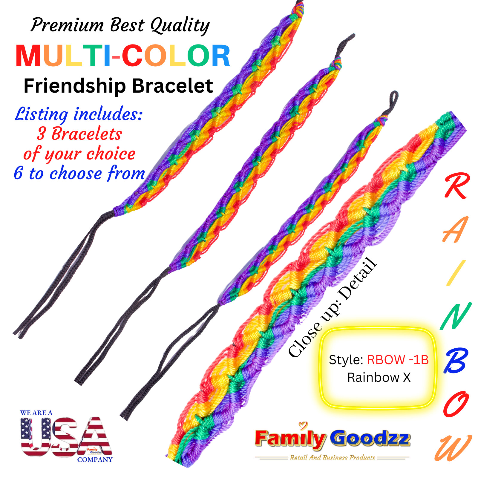 🌈 Threaded Hand Woven Rainbow Friendship Bracelet Bob Marley Rasta, USA (3 pcs)