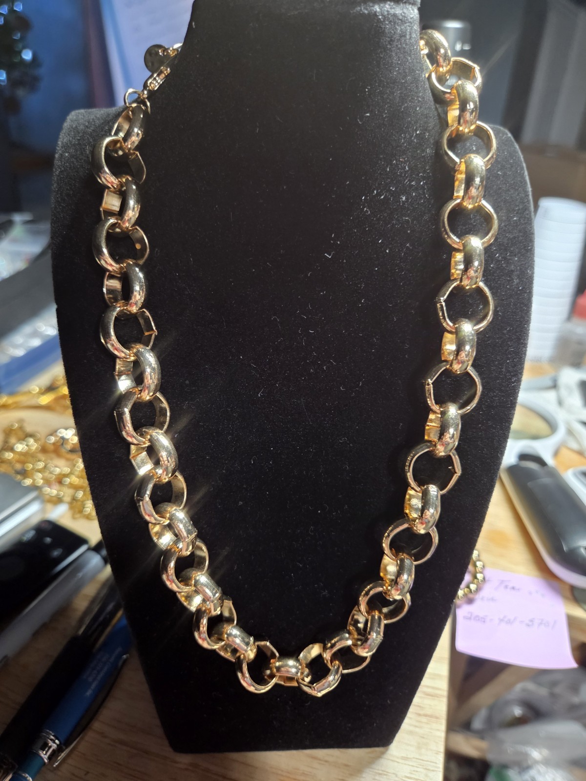 Chunky Gold Tone Rolo Link Chain Necklace 15-18″ Statement Lobster Clasp Estate
