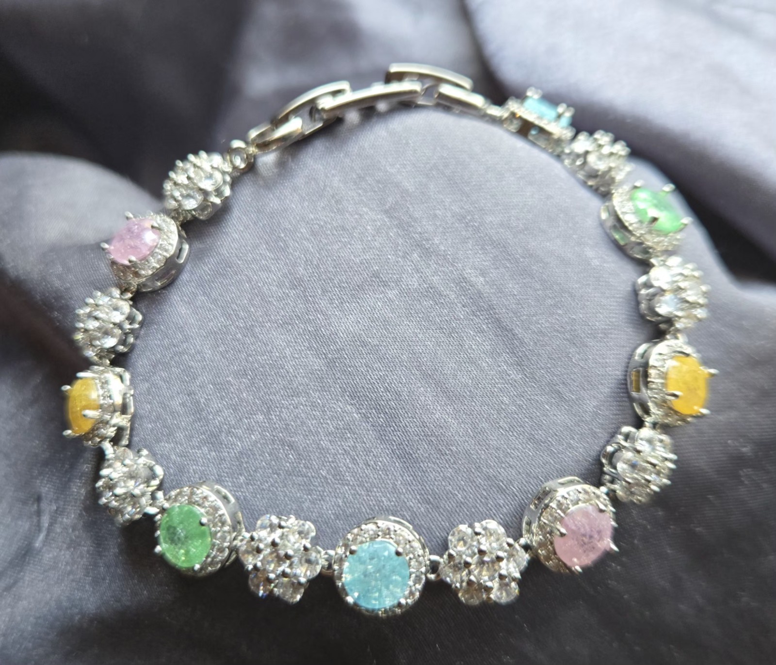 New 18k White Gold Plated Multi-Color Pastel Gemstone Link Bracelet