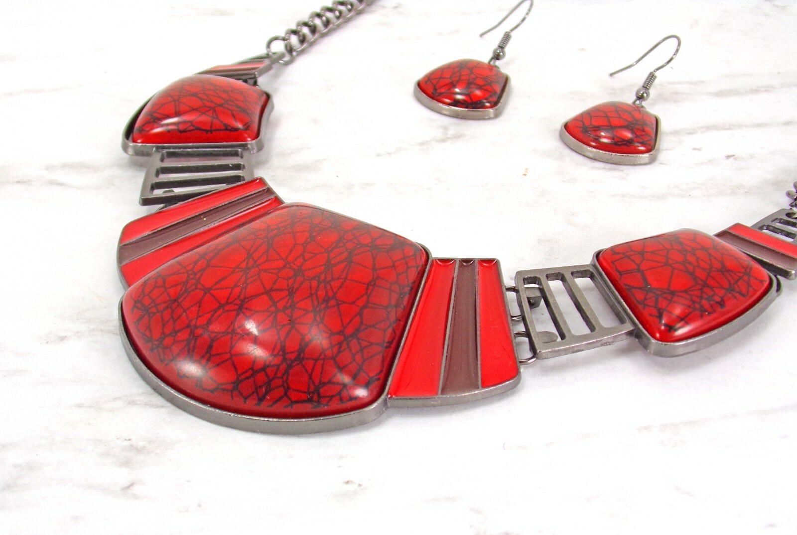 Red and black necklace and earring set, women’s large statement neck set New
