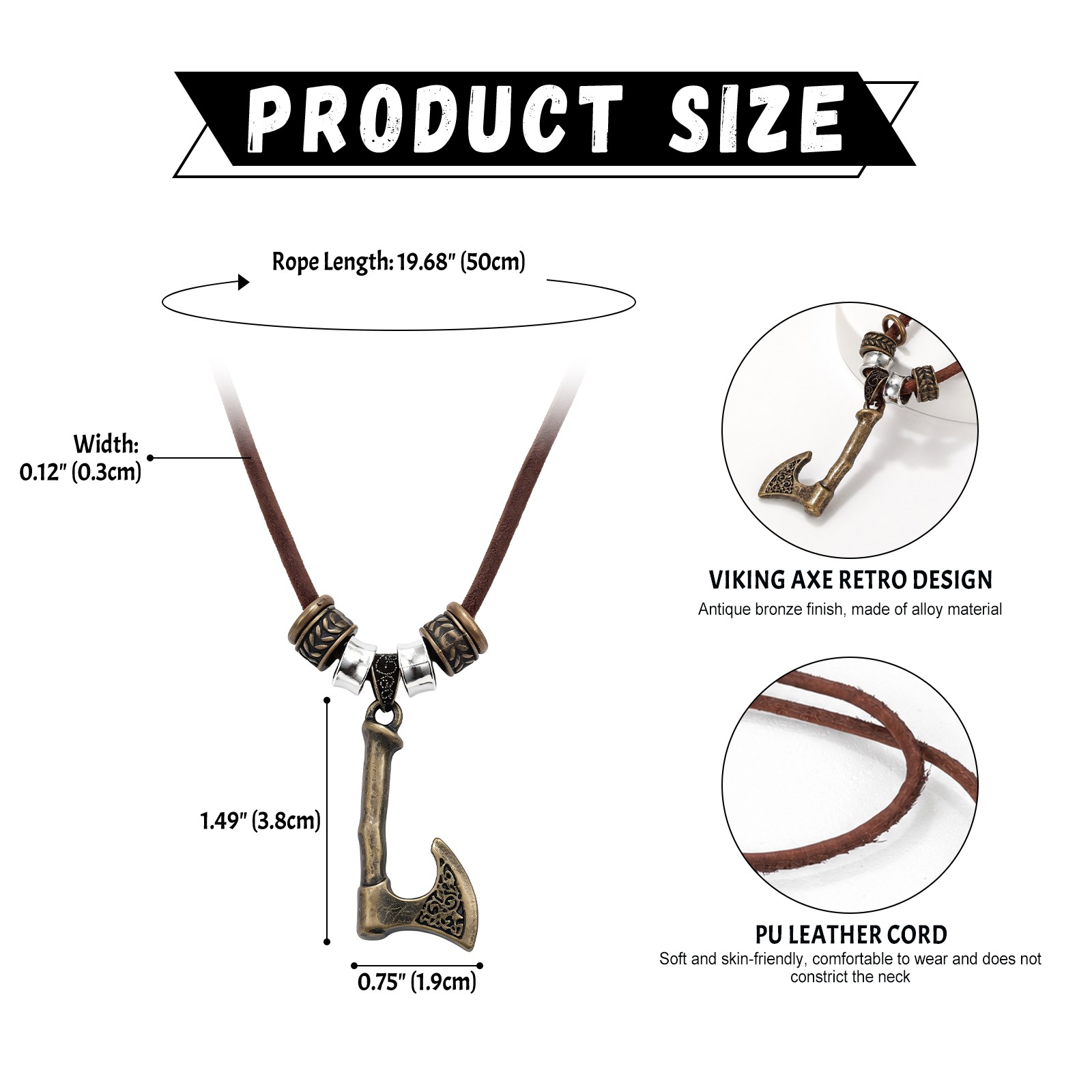 Men’s Retro Tribal Viking Axe PU Leather Cord Necklace for Punk Street Wear