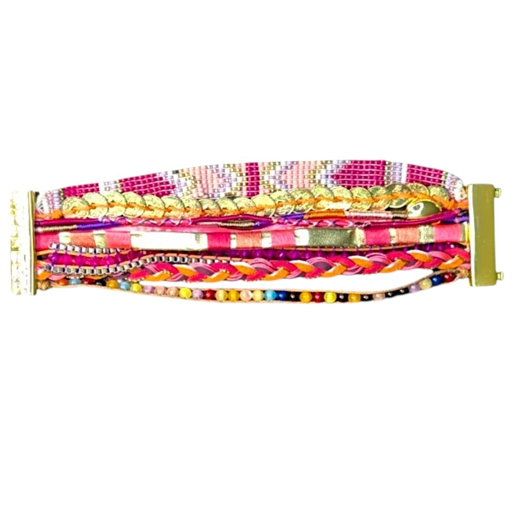 Hipanema Paris Pink & Multicoloured Beaded Magnetic Cuff Bracelet – RRP $120 AUD