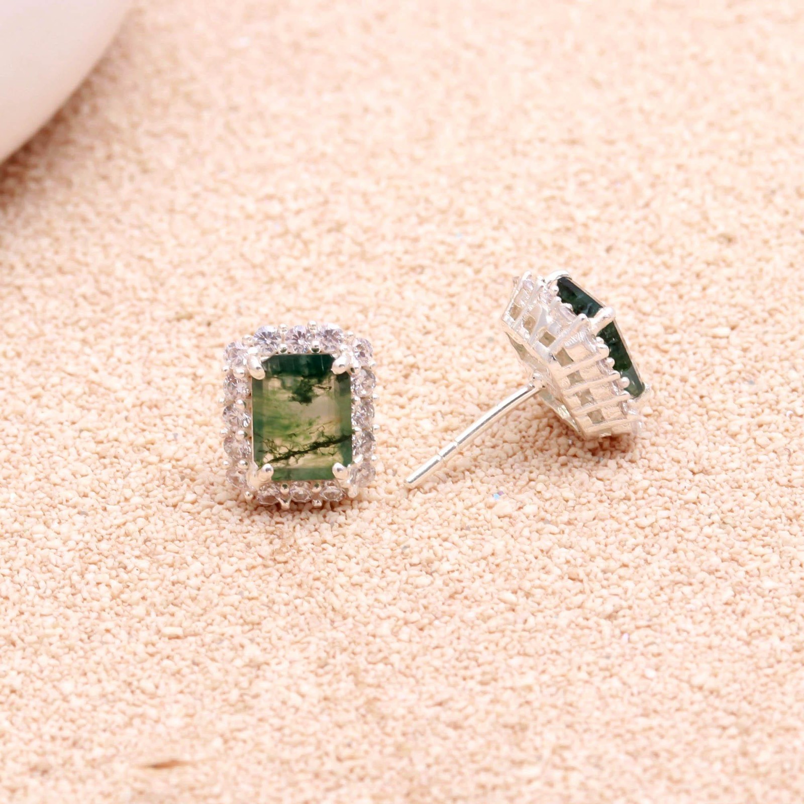 Natural Moss Agate Octagon Stud Earrings 925 Sterling Silver Moissanite Jewelry