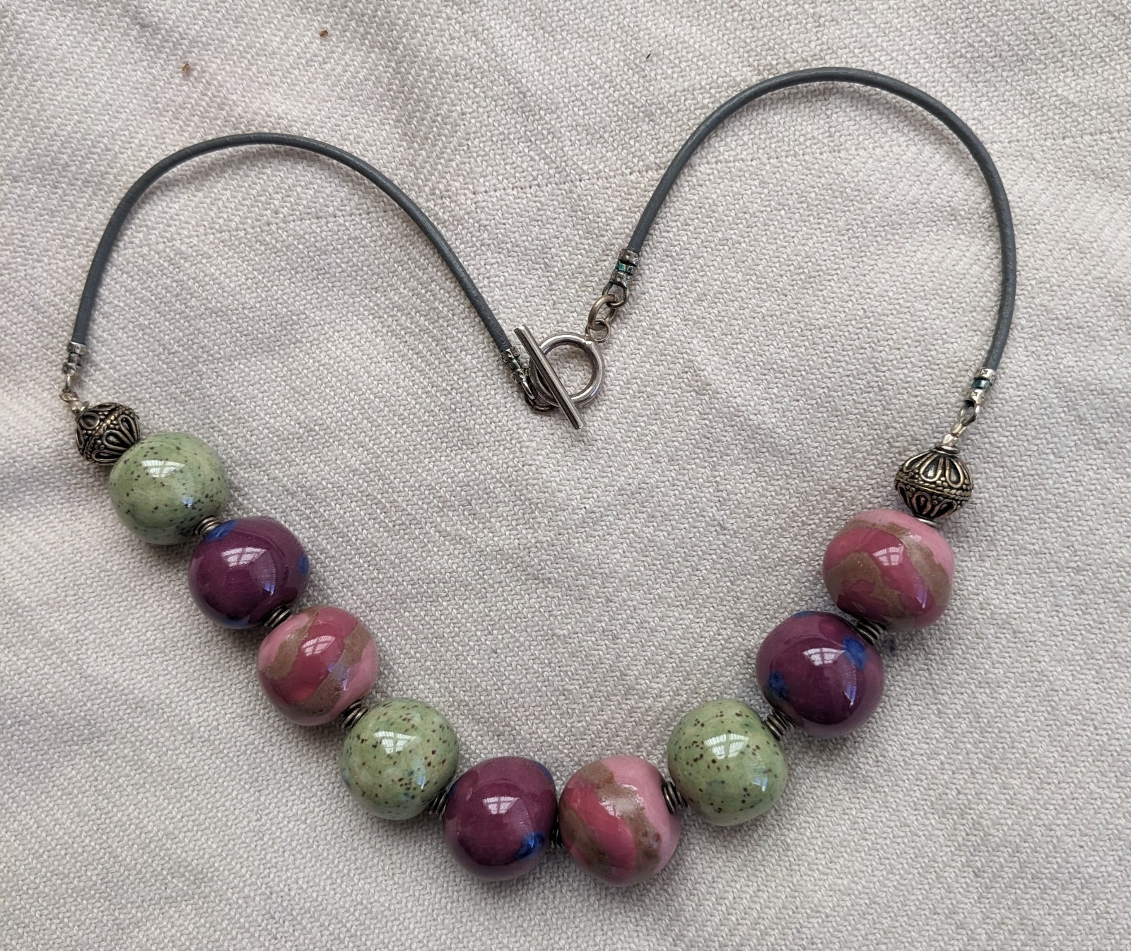 Necklace Pinks/ Greens Beads Cord Strap/ Back Fastening Delightful Hues Feminine