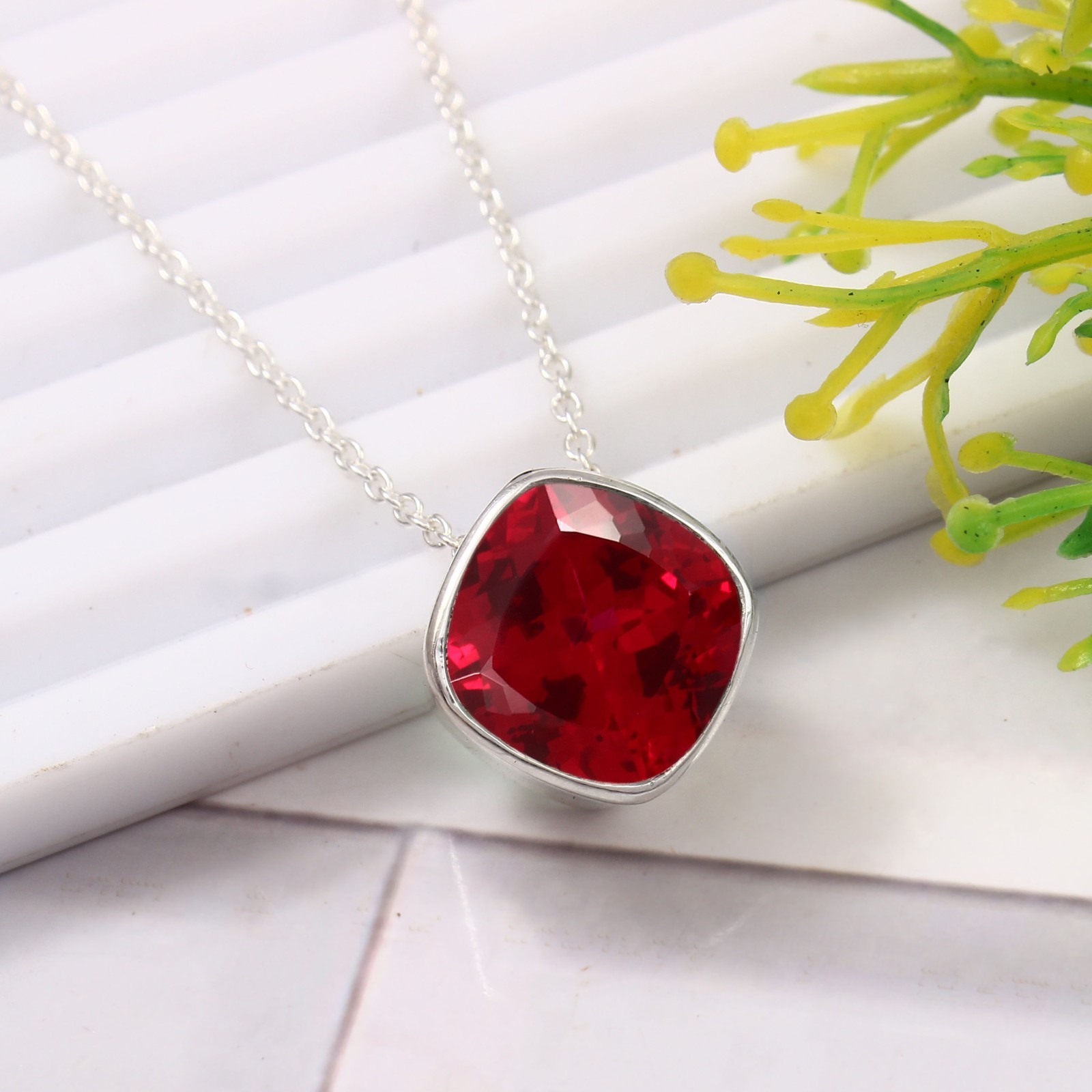 10×10 MM AAA Quality Blood Red Ruby Cushion, 925 Silver pendant, July Birthstone